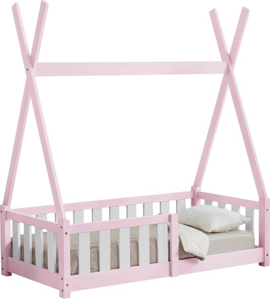 In And OutdoorMatch Kinderbed Bernie - Tipi - Grenen - Met valbeveiliging - 70x140 cm - Roze - Voor meisjes - Voor jongens - Voor kinderen