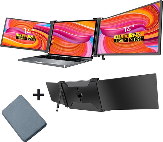 K&G Portable Monitor Pro 2024 - Full HD - 14” / 17,3” - Tri-Screen - Laptop Scherm Uitbreider - Inclusief Beschermhoes en Kabels - Zwart