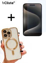 Cliste iPhone 15 Pro Max Magnetisch Hoesje Met Lensbeschermer met gratis Screenprotector - Magsafe - Goud - Magneet Case Met Ring iPhone 15 Pro Max transparant gekleurde rand - Beschermglas