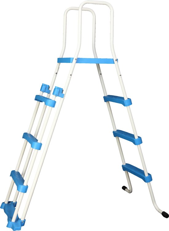 Zwembadtrap met witte metalen stangen en blauwe treden en handgrepen. De trap is 122 cm hoog en heeft een A-frame constructie.