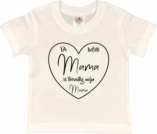 T-shirt Kinderen "De liefste mama is toevallig mijn mama" Moederdag | korte mouw | Wit/zwart | maat 98/104
