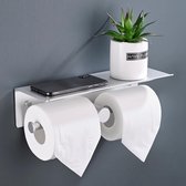 Toiletpapierhouder zonder boren, wc-papierhouder met plank, zelfklevende wandmontage, aluminium dubbele toiletrolhouder, wc-papierhouder, papierrolhouder voor badkamer, 31 cm, zilver