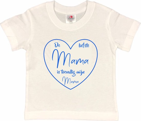 T-shirt Kinderen "De liefste mama is toevallig mijn mama" Moederdag | korte mouw | Wit/blauw | maat 98/104