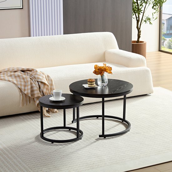Home-Heaven® Salontafels Rond Zwart Hout – Bijzettafel Set Van 2 – Salon tafel Ø60cm & 40cm