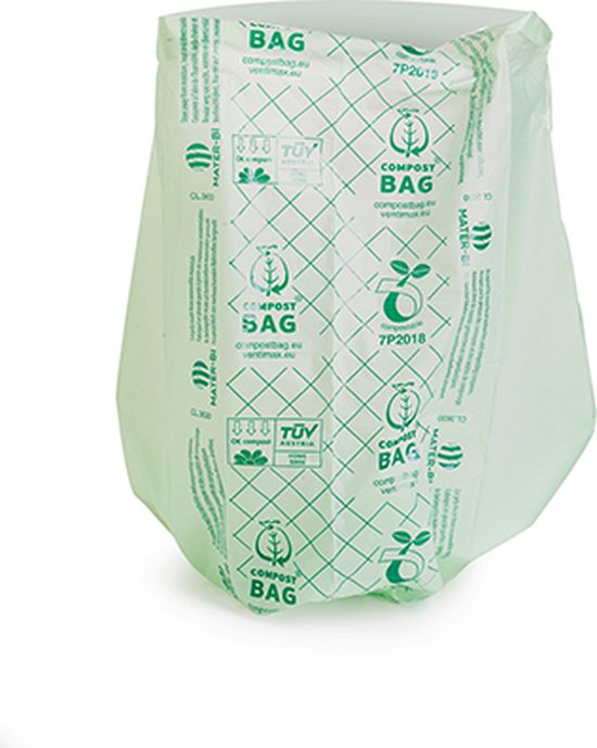 Een lichtgroene composteerbare vuilniszak met "COMPOST BAG" erop gedrukt, staand.