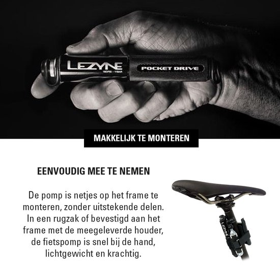 Lezyne Pocket Drive - Handpomp - Fietspomp - Tot 11 bar/16 psi - ABS Flex Hose - Presta en Schrader ventielen - Aluminium - Zwart van Lezyne — afbeelding 4