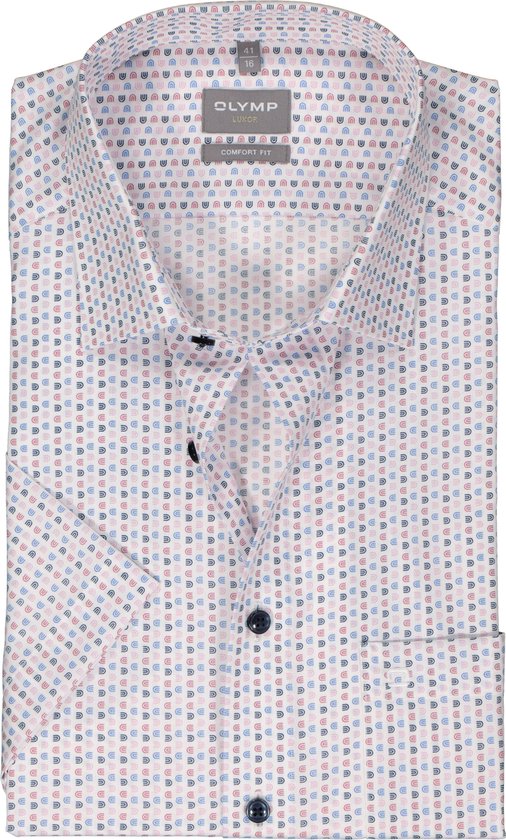 OLYMP comfort fit overhemd - korte mouw - popeline - wit met blauw en roze dessin - Strijkvrij - Boordmaat: 41