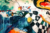JJ-Art (Aluminium) 90x60 | Auto race, sport in Herman Brood stijl, abstract, kleurrijk, kunst | rood, wit, blauw, geel, groen, modern | foto-schilderij op dibond, metaal wanddecoratie