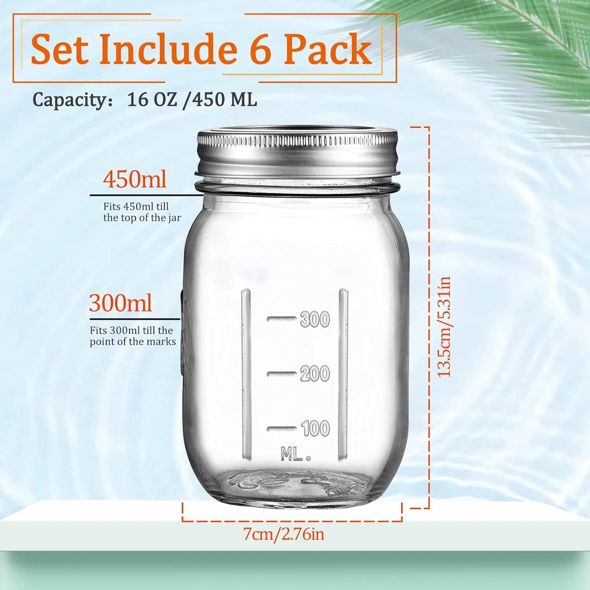 16oz Overnachting Havermout Pot met siliconen hulzen, 6-Pack glazen potten met brede hals met schroefdop luchtdichte deksels, BPA-vrij, vaatwasbestendig, lekvrije pudding potten voor