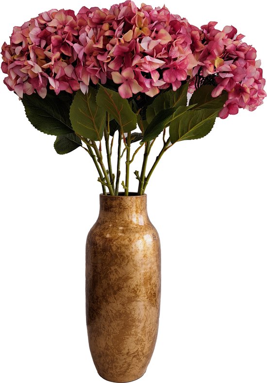 Kunstbloem Hortensia boeket in vaas - groot - fuchsia roze - 109 cm - Kunst zijdebloemen