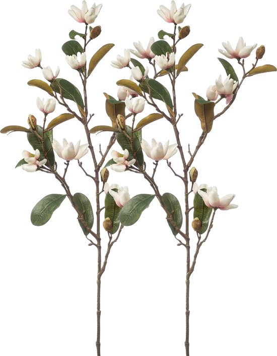 Emerald Kunstbloem Magnolia Pearl tak - 2x - 87 cm - creme/roze - Kunst zijdebloemen