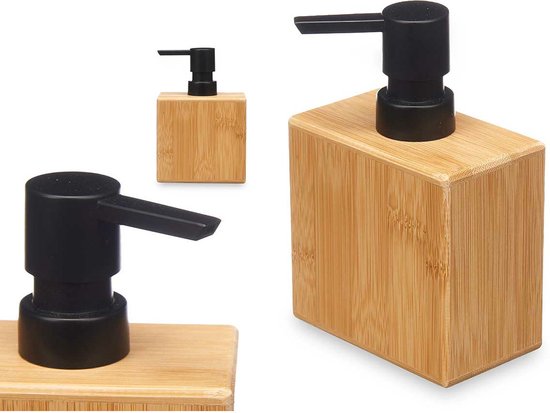 Berilo zeeppompje/dispenser Bamboo - lichtbruin/zwart - hout - 10 x 6 x 15 cm - 300 ml - badkamer/toilet/keuken