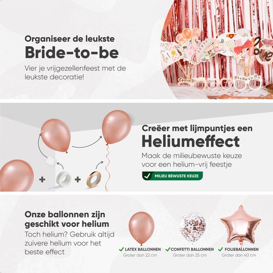 Images de décorations de fête de despedida de soltera : arches de ballons, guirlandes et accessoires. "Créez un effet hélium avec des points de colle".