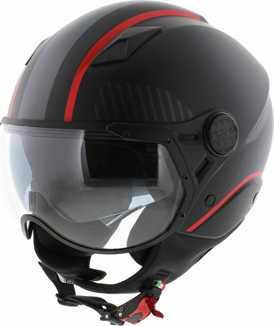 Casque jet Vito noir mat avec rayures rouges et grises, visière et logo 'Vito'.
