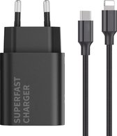 USB C Adapter - Snellader Geschikt voor iPhone en iPad - Nylon Gevlochten - 1 Meter - Oplaadkabel - GaN Oplader - 30W Vermogen - Incl. Lightning Kabel - Stekkerblok - Zwart