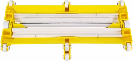 Tête d'aspirateur de piscine jaune avec roues blanches, une brosse et des rouleaux blancs.