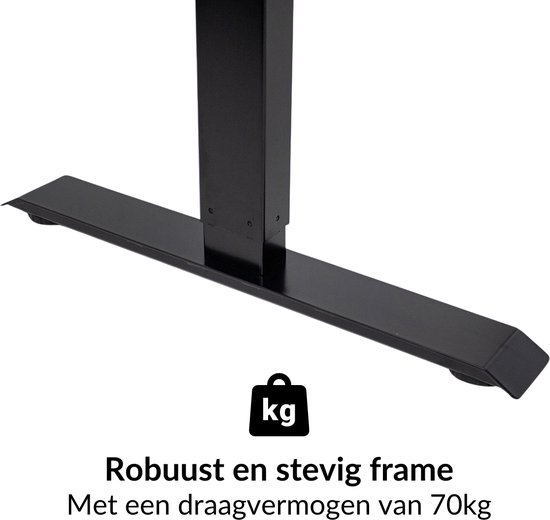 Zwarte, rechthoekige voet van een bureauframe met een draagvermogen van 70kg.