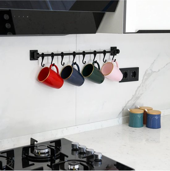 Hoopever 600mm keukengereirek, keukenrail pannenhouder met 10 schuifhaken, aluminium badkamer handdoekhouder wandgemonteerde houder zonder boren organizer voor het ophangen van messen, pan, tas, zwart