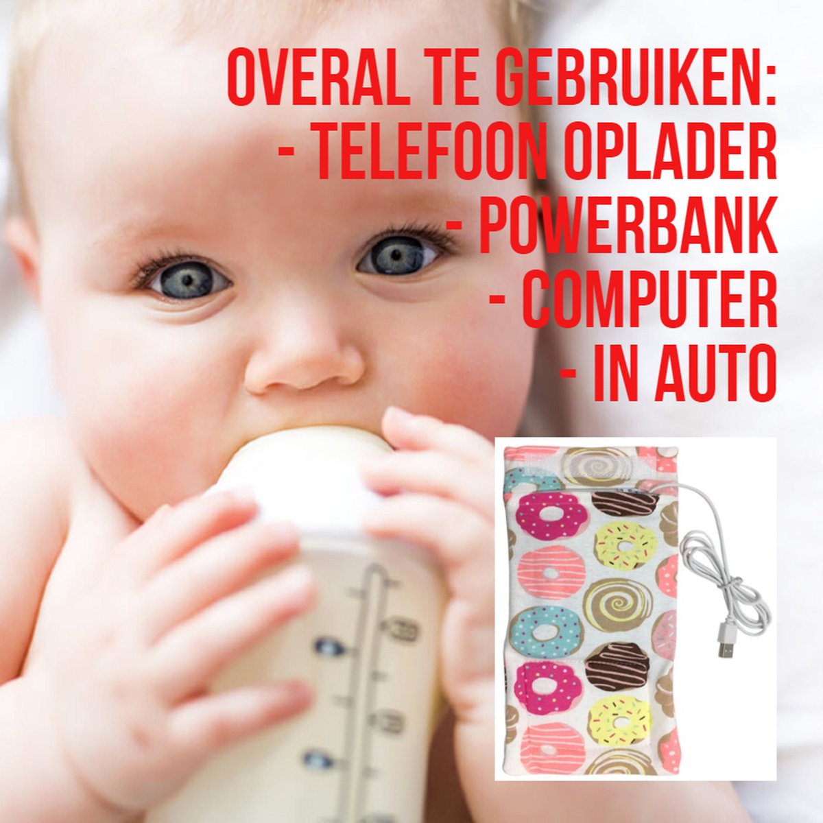 Goedkoopste Allernieuwste USB Baby Fles Warmer model Donuts - Heater - Reisaccessoire - Draagbaar - Klittenband - Kleur