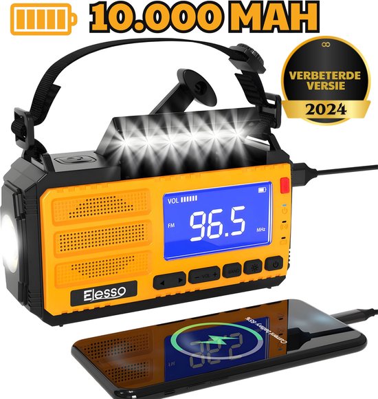 Foto: Elesso noodradio solar opwindbaar 10 000 mah solar powerbank zonneenergie draagbare radio op batterijen zaklamp led oplaadbaar survival noodpakket oranje