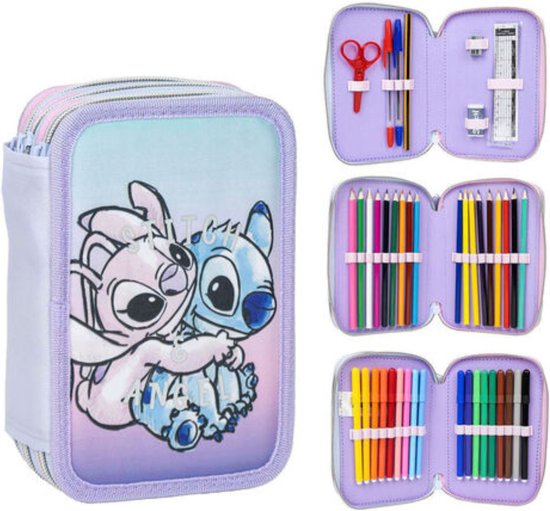 Stitch & Angel etui voor meisjes – 44-delig tekenetui – 3-vaks gevuld met potloden, stiften en accessoires – School & Knutselen
