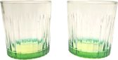 Supervintage set van 2 kwalitatieve waterglazen met ribbel en gekleurde onderkant groen 8.5 x 9 cm 280 ML