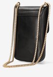 Zwarte, verticale lederen tas met gouden schakelketting.