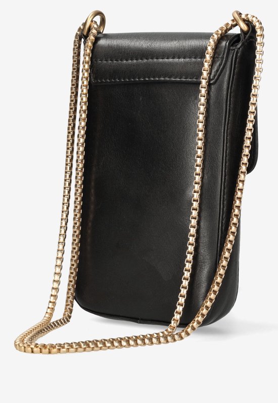 Zwarte, verticale lederen tas met gouden schakelketting.