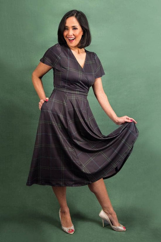 Lady Vintage swing jurk Lyra Dark Forest Tartan. Donkerblauw met groen Maat 40 42 met. bol