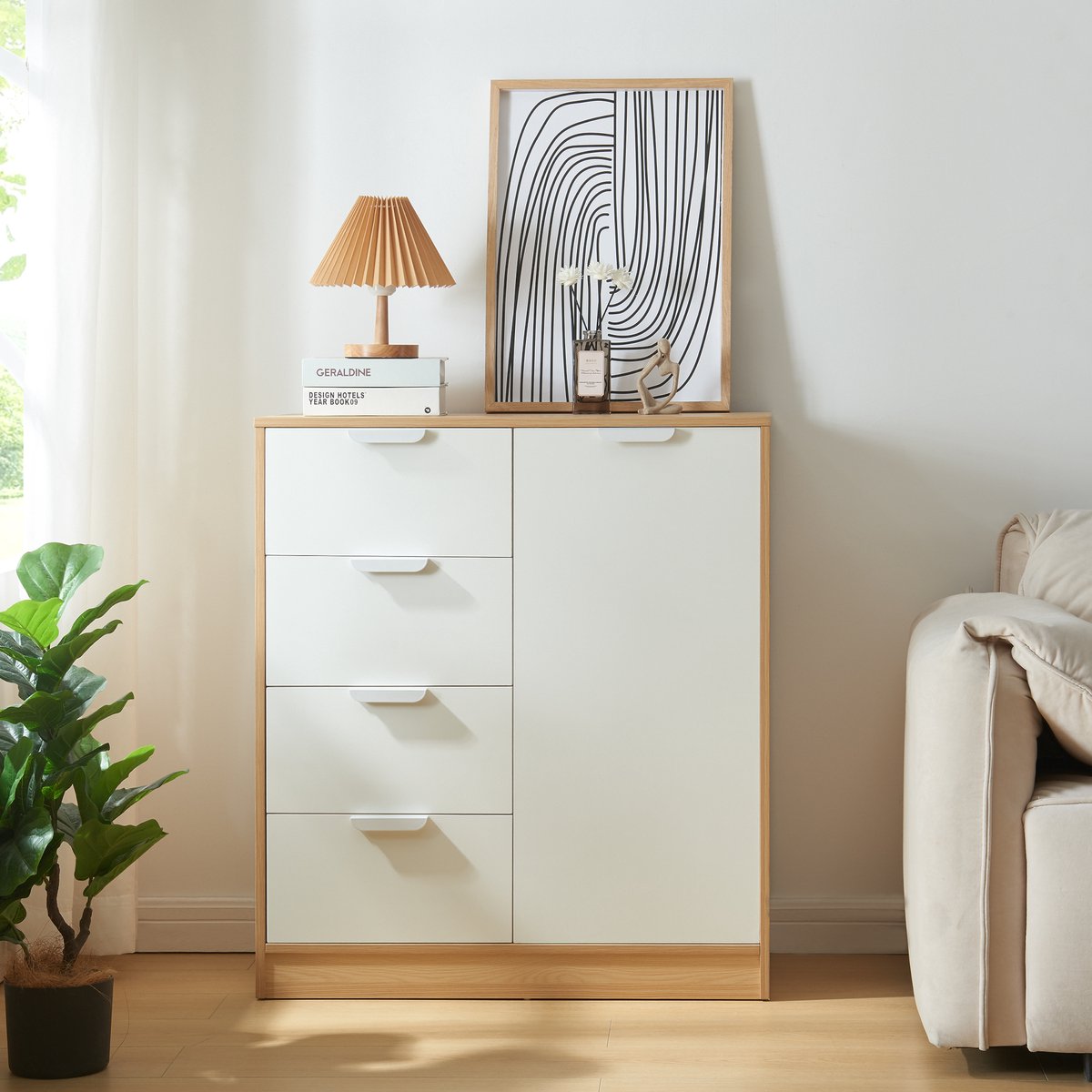 en.casa Commode Varkaus ladekast mdf met 4 lades 1 deur 90x80x40 cm eikenkleurig en wit [en.casa]
