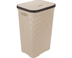 Hega Hogar Wasmand met deksel Rotan - beige - gevlochten kunststof - 60 liter - 34 x 43 x 62 cm
