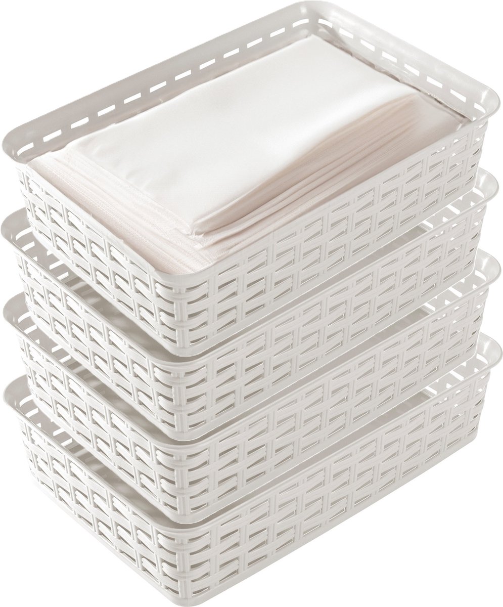 Hega Hogar Opbergmandje/ladeverdeler - 4x - ivoor wit - 2 liter - kunststof - 17 x 25 x 6 cm - kleine opslag bakjes - manden