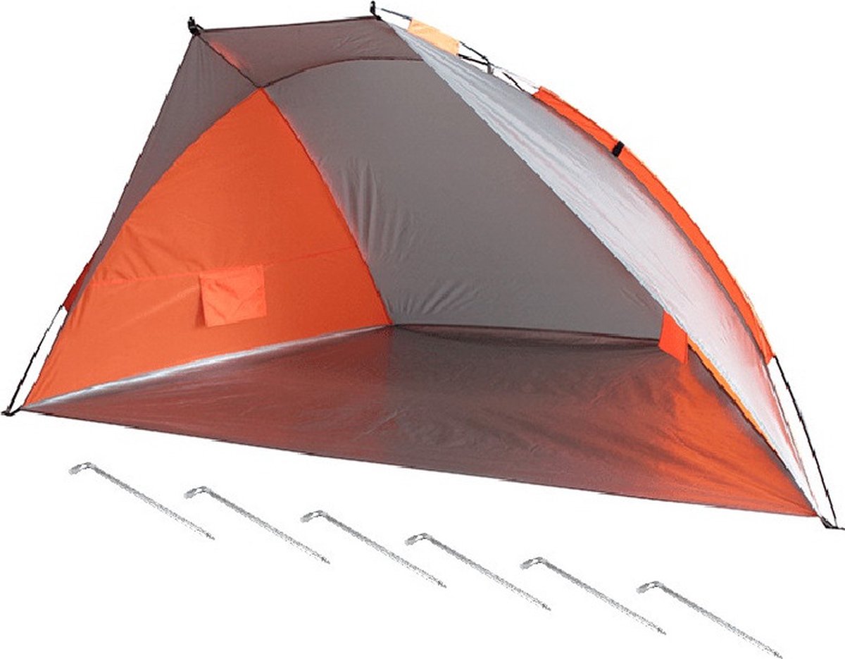 Beachshelter strandtent/windscherm oranje/grijs 270 x 120 cm met UV-bescherming incl. haringen - Zon/wind bescherming voor kids