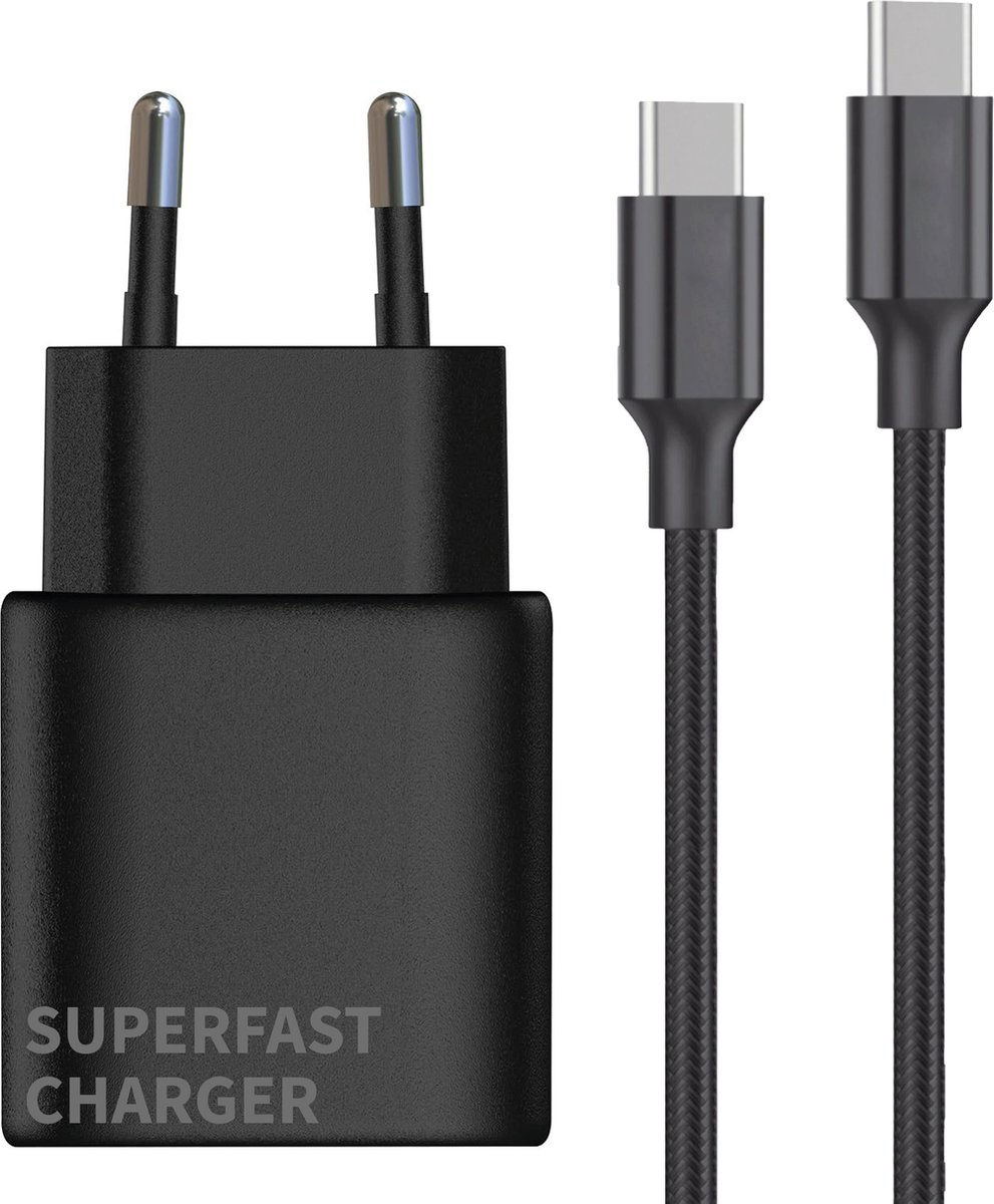 USB C Adapter - Snellader Geschikt voor Samsung Telefoon en Tablet - USB C naar USB C - Nylon Gevlochten - 2 Meter - Oplaadkabel - 20W Vermogen - Incl. USB C Kabel - Stekkerblok - Zwart