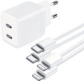 USB C Adapter - Snellader Geschikt voor iPhone en iPad - 2 Meter - Oplaadkabel - GaN Oplader - Dubbele USB C Poorten - 45W Vermogen - Incl. Lightning Kabel - 2 Kabel PACK - Stekkerblok - Wit