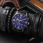 Geschenkset heren zwart met blauwe wijzerplaat - Horloge - Armbandjes - Mannen - Cadeau - Set - Verjaardag-kerstcadeau - sinterklaas cadeau valentijn cadeau