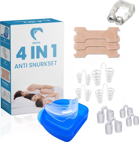 Foto: Edofa 4 in 1 anti snurk set met beugel tegen snurken 1x snurkbeugel 8x neusspreider 5x neuspleisters 1x neusclip