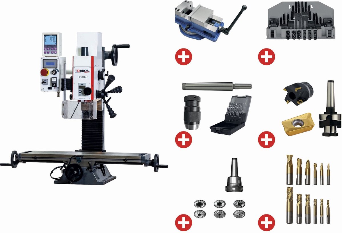 Boorfreesmachine X 480 mm Y 175 mm Z 280 mm MK2/M10 0,85 kW 230V met essentiële accessoires Torros PACK PF20LD