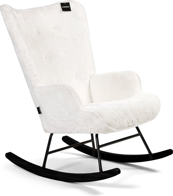 Aemely Schommelstoel Mama – Wit imitatiebont – Zwart hout en staal - Schommelstoel babykamer - Fauteuil - Hoge rugleuning