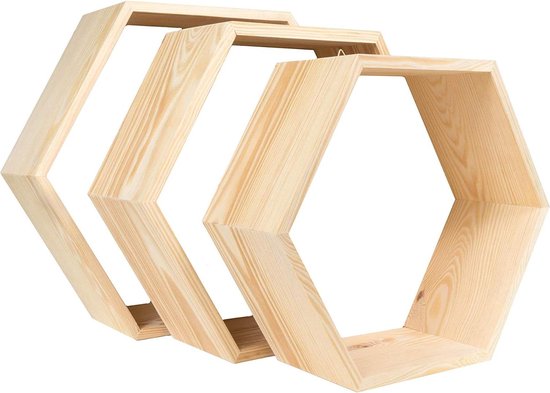 Houten zeshoekige wandplanken - Honingraatplanken - Set van 3 planken hexagon shelves