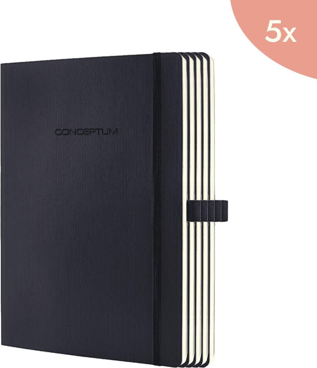 5x Sigel Notitieboek Conceptum Pure A4 zwart gelinieerd hardcover. Genummerde pagina's - inhoudsopgave - sluiting d.m.v. elastiek