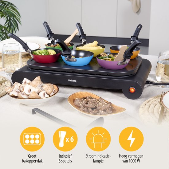 Tristar Gourmetset BP-2827 - 1000W - Wokset / Pannenkoekenmaker 6 personen - Incl 6 pannetjes, spatels - PFAS-Vrij — afbeelding 5