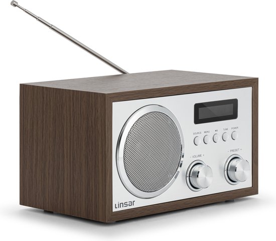 Radio Linsar Nostalgic au design en bois, radio FM/ DAB FM à réglage numérique avec connexion USB, connexion BT sans fil, haut-parleur mono intégré, AUX-IN, fonction casque, écran LCD
