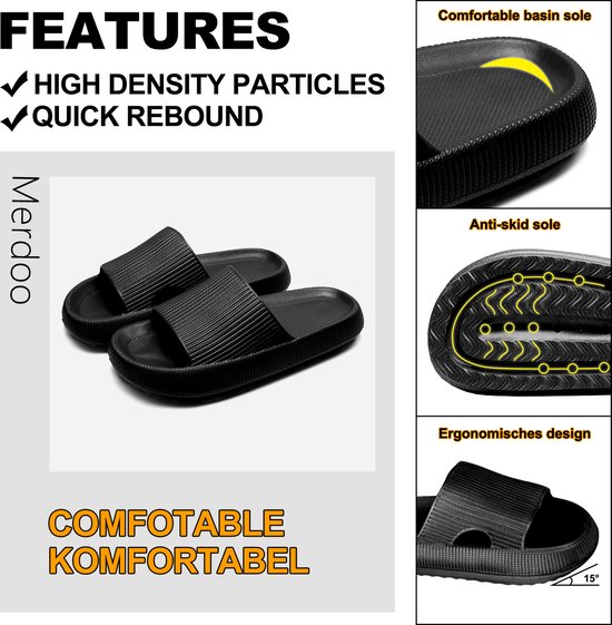 Zwarte, comfortabele badslippers met hoge dichtheid, snelle veerkracht, antislipzool en ergonomisch ontwerp.