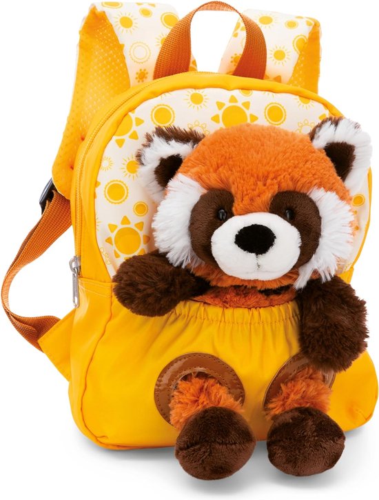 rugzak, 21 x 26 cm, geel, met pluche dier, rode panda, 25 cm, afneembaar pluche speelgoed, zacht, wollig, kleuterschoolrugzak met knuffeldier, voor jongens en meisjes van 2-5 jaar