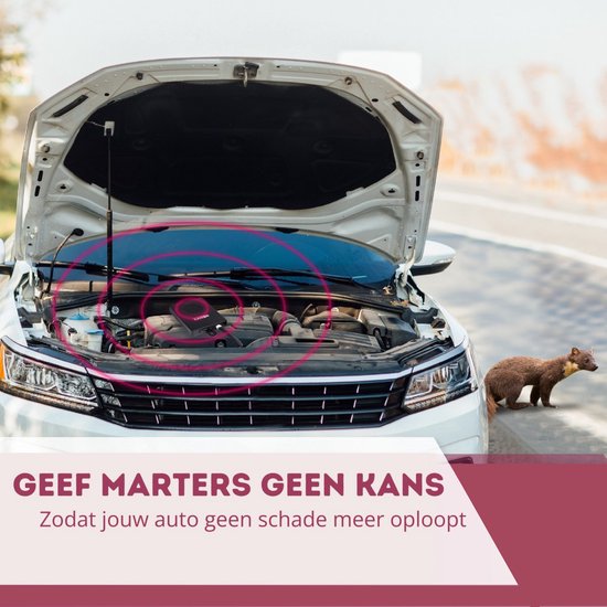 Witte auto met open motorkap, marterverjager geplaatst in de motorruimte, met rode geluidsgolven. "Geef marters geen kans"