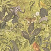 Natuur behang Profhome 387242-GU vliesbehang hardvinyl warmdruk in reliëf glad met dieren patroon mat groen geel olijfgroen wit 5,33 m2