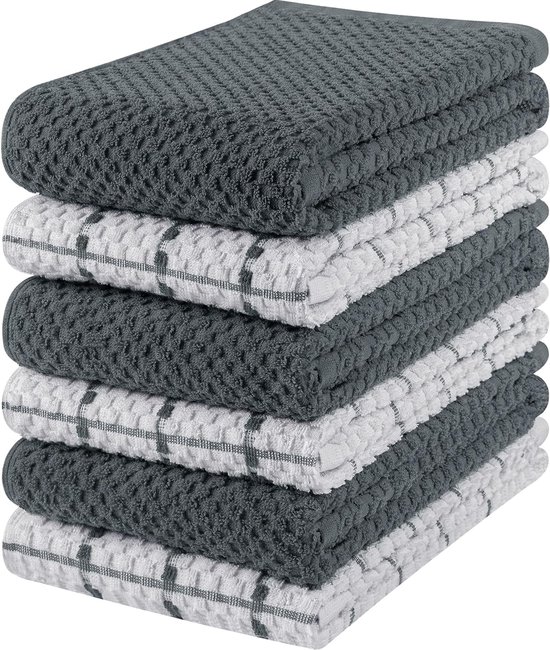 Utopia Towels - 6 Keuken Handdoeken Set - 38 x 64 cm - 100% Ring Gesponnen Katoenen Superzacht en Absorberend Schotelantennes, Theedoeken en Barkrukken Handdoeken (Grijs en Wit)