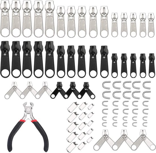 Foto: Rits sluiting reparatieset vervanging rits set 85 stuks rits reparatie zip head met u code fixer met installatietanggereedschap ritsvervanging voor jassen jassen tassen rugzakken tenten