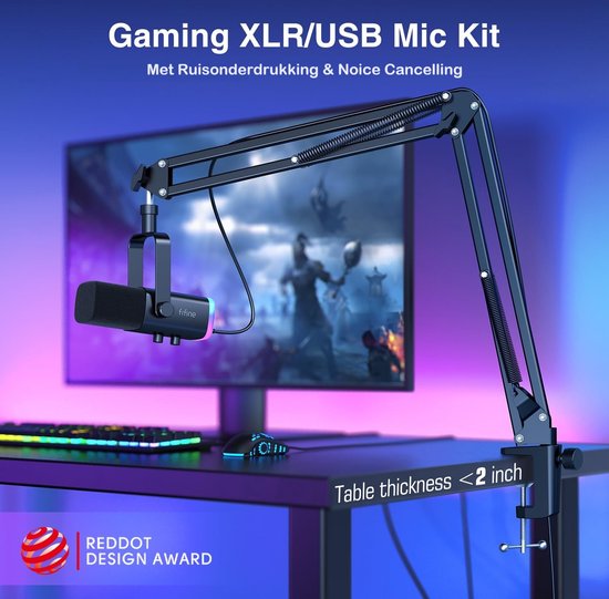 Fifine - AM8T - Microphone Studio USB/XLR - PC- Gaming Avec Bras Flexible (66cm !) - Convient pour PC/PS4/PS5 - RVB - Podcast - Gaming - Streaming - Zwart